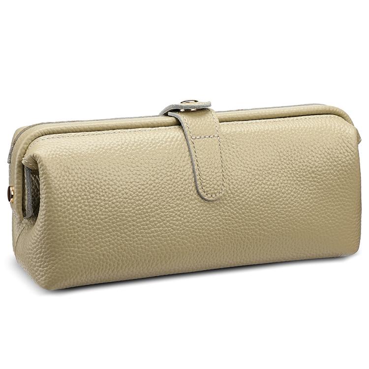 Beige genuine leather makeup tool storage bag with zip closure and top carry loop