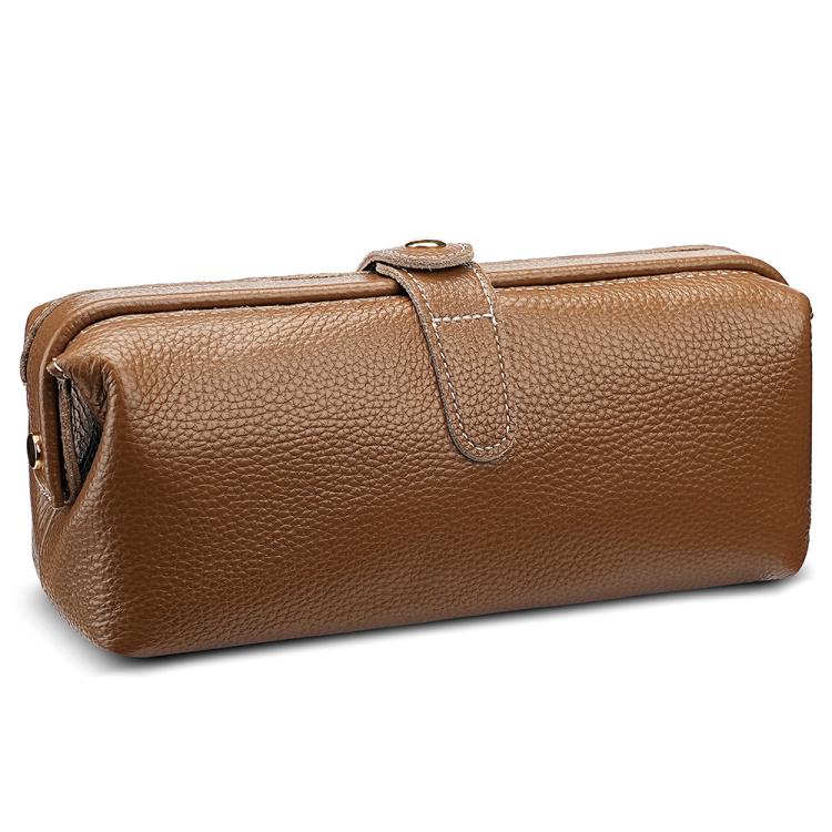 Brown genuine leather makeup tool storage bag with zip closure and top carry loop