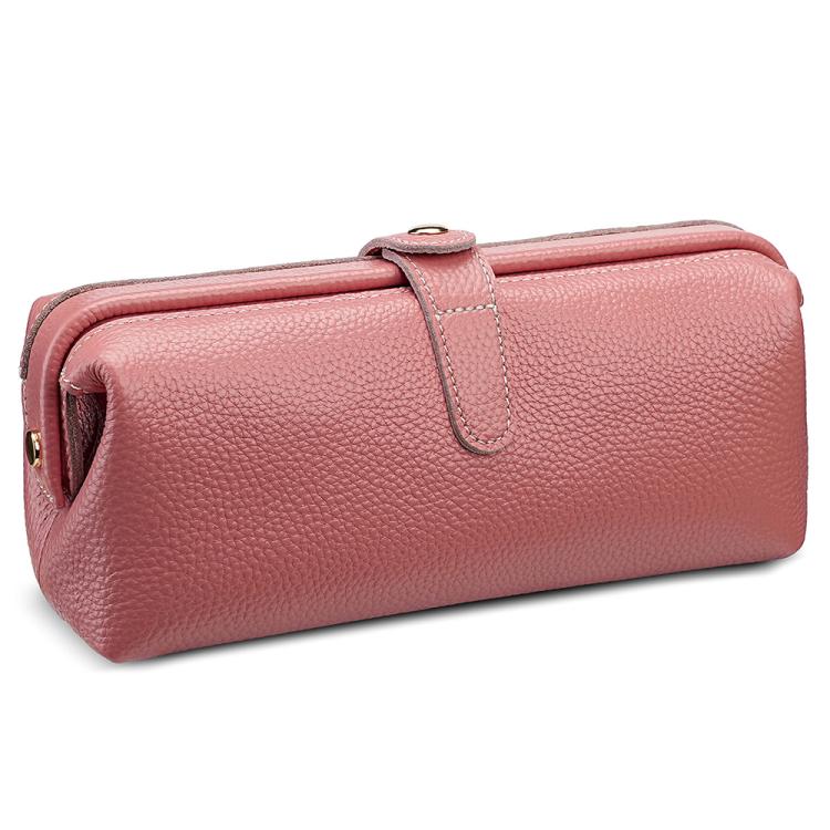 Pink genuine leather makeup tool storage bag with zip closure and top carry loop