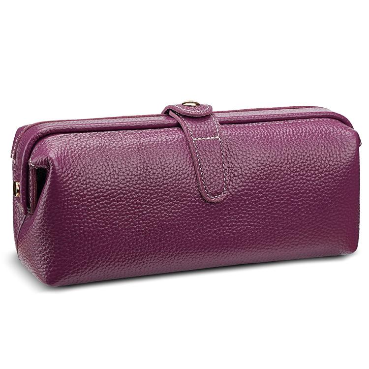Purple genuine leather makeup tool storage bag with zip closure and top carry loop