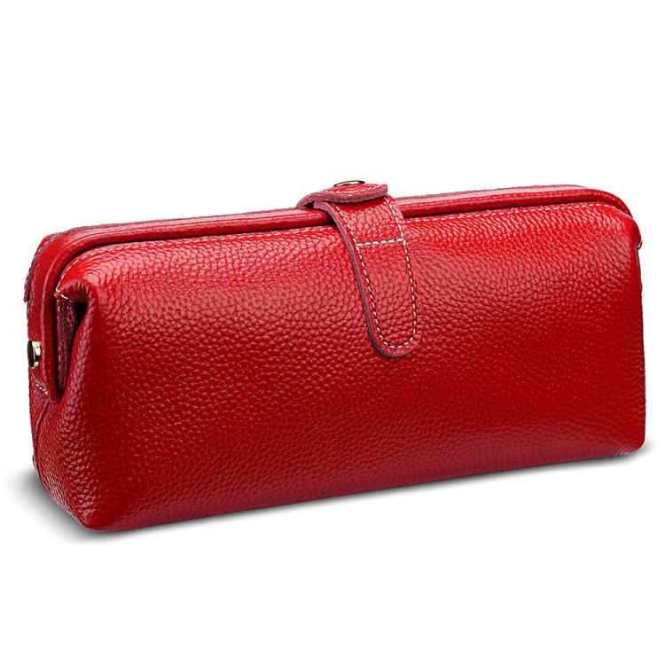 Red genuine leather makeup tool storage bag with zip closure and top carry loop