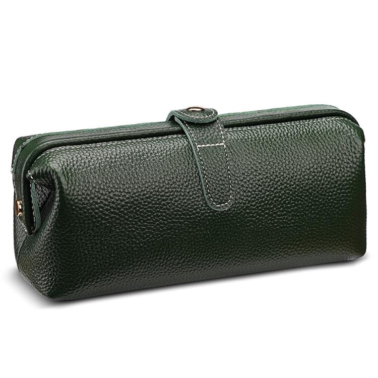 Dark green genuine leather makeup tool storage bag with zip closure and top carry loop