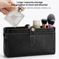Black genuine leather makeup tool storage bag with open top and interior items