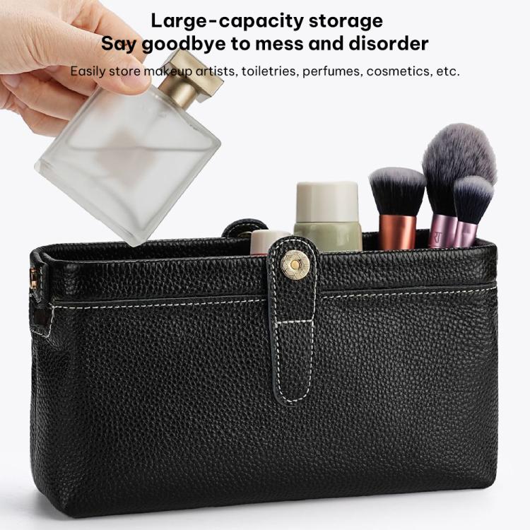 Black genuine leather makeup tool storage bag with open top and interior items