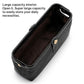Black genuine leather makeup tool storage bag with open top and visible interior