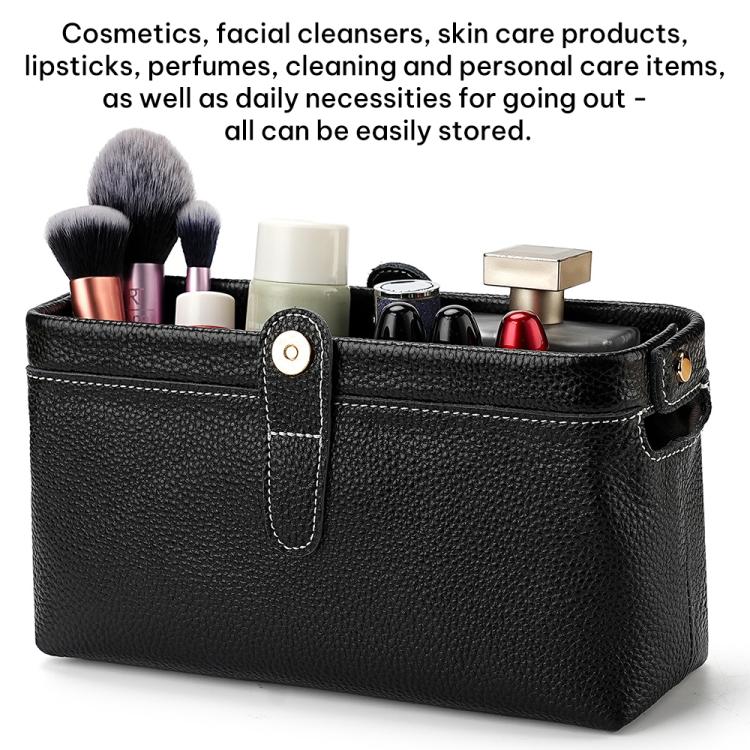 Black genuine leather makeup tool storage bag with snap-closure front pocket