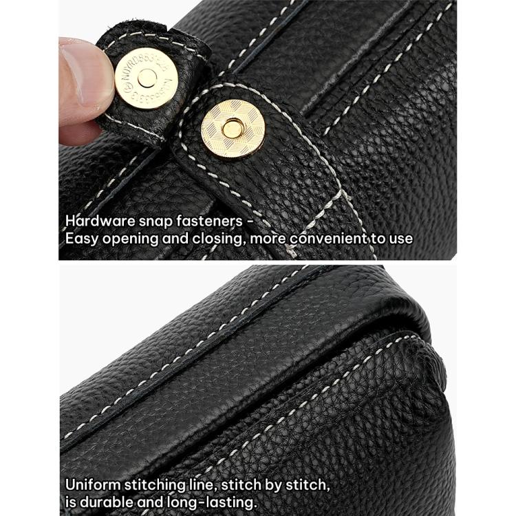 Black leather bag with gold snap fasteners and double-stitched seams