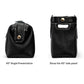 Black leather storage bag with snap closure and side panel, angled views