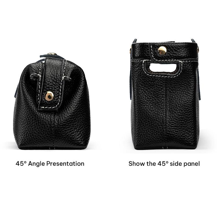 Black leather storage bag with snap closure and side panel, angled views