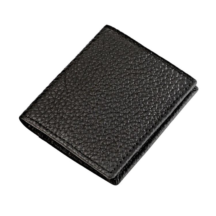 Top-grain cowhide coin purse, black pebbled leather, stitched edges