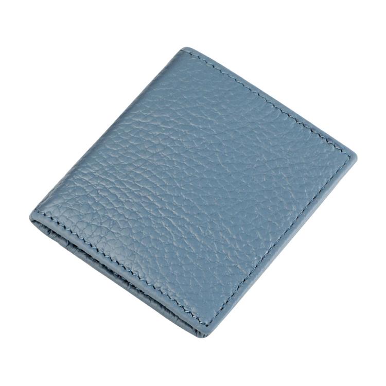 Top-grain cowhide coin purse, grey blue pebbled leather, stitched edges