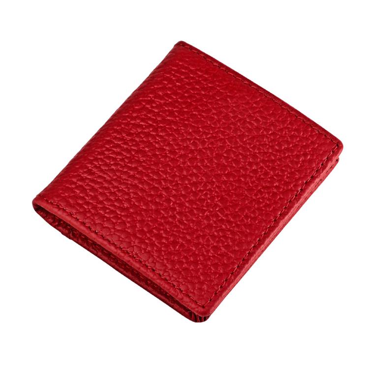 Top-grain cowhide coin purse, red pebbled leather, stitched edges