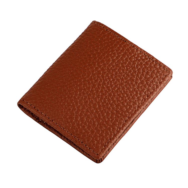 Top-grain cowhide coin purse, caramel brown pebbled leather, stitched edges