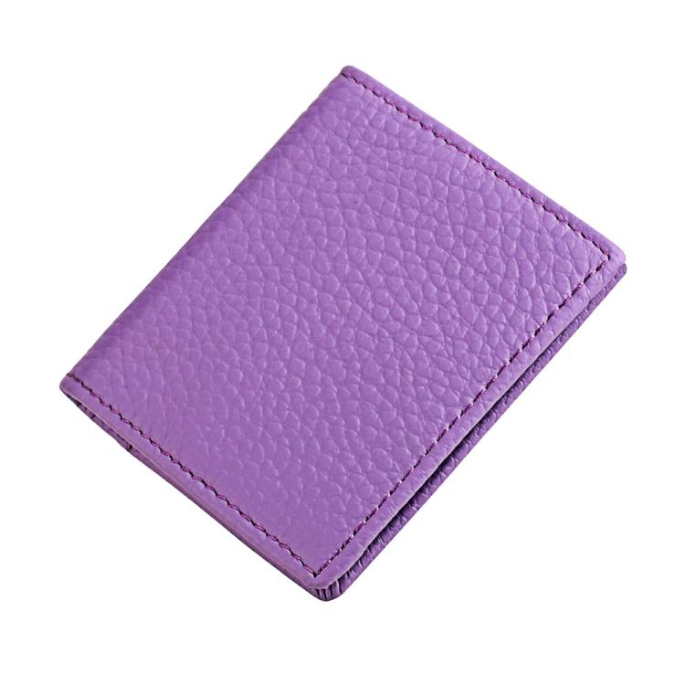 Top-grain cowhide coin purse, light purple pebbled leather, stitched edges
