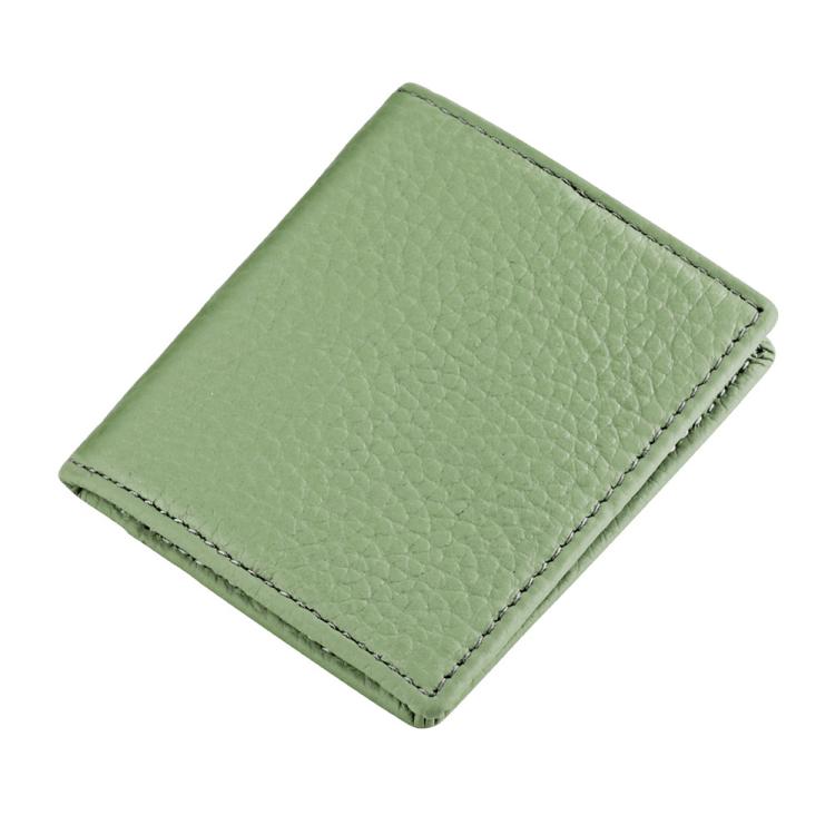 Green top-grain cowhide coin purse with stitched border, compact square fold design.