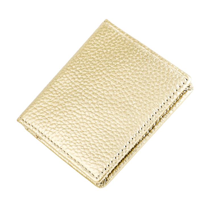 Light yellow top-grain cowhide coin purse with stitched border, compact square fold design.