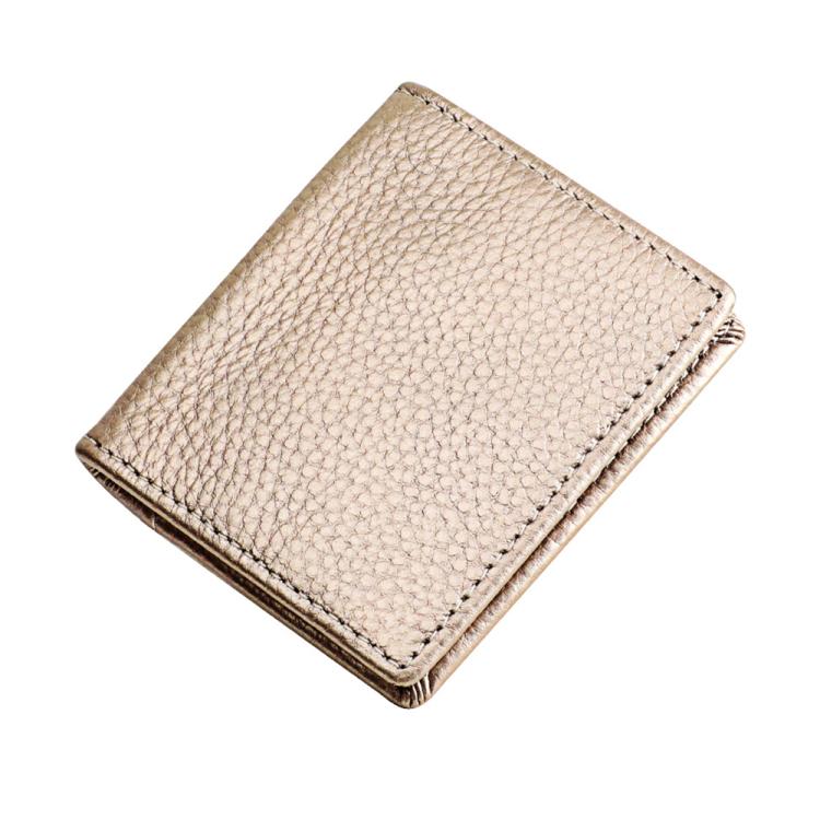 Beige top-grain cowhide coin purse with stitched border, compact square fold design.