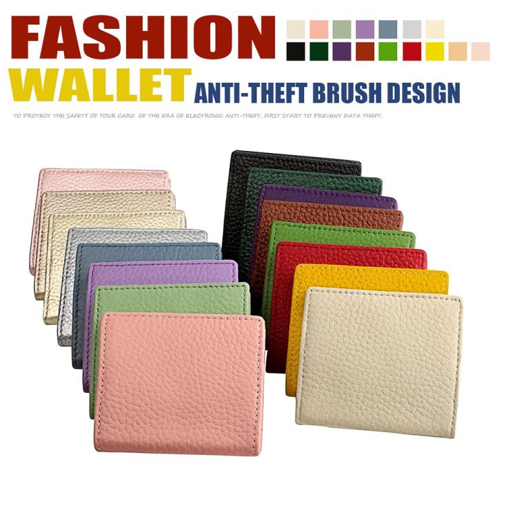 Assorted color top-grain cowhide coin purses, compact square fold design.