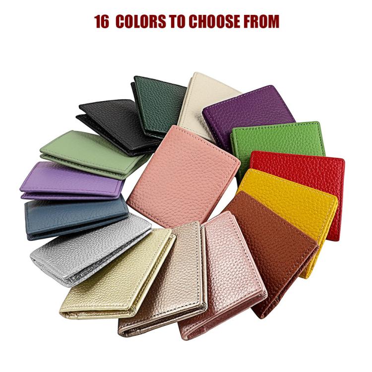 Color variety of top-grain cowhide coin purses, compact square folded design.