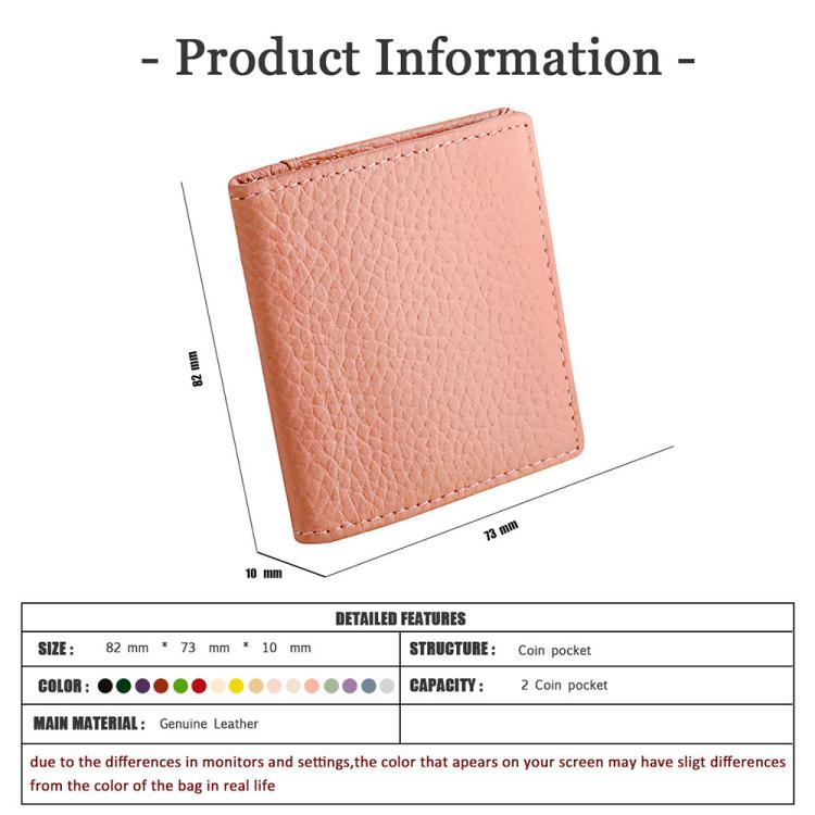 Pink top-grain cowhide coin purse, compact square fold with stitched edges.