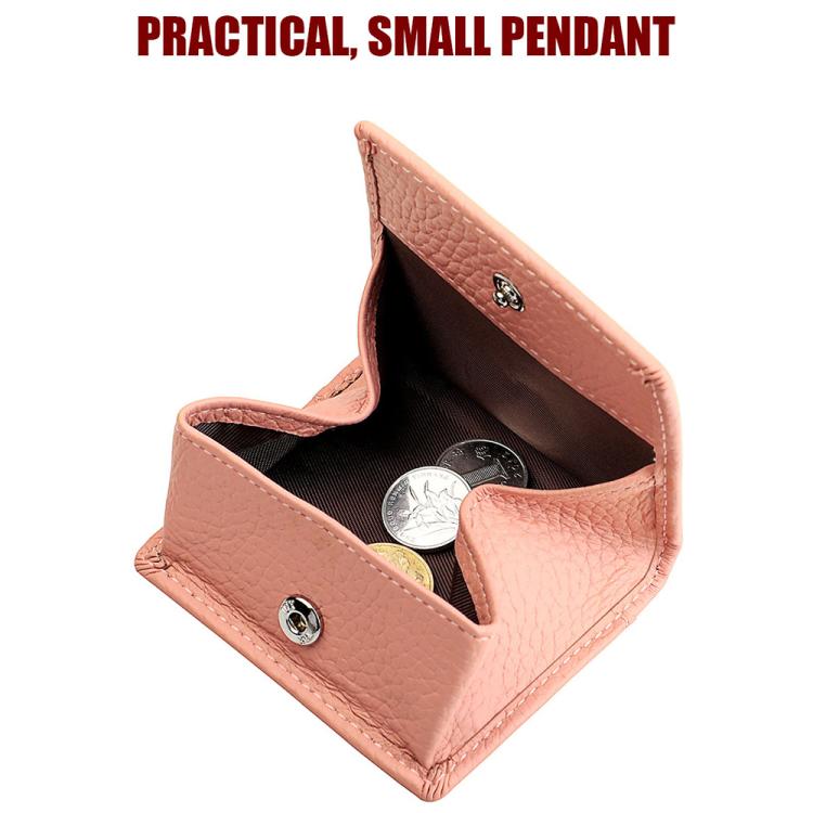 Pink top-grain cowhide coin purse opened to show coin pocket and metal snap buttons.