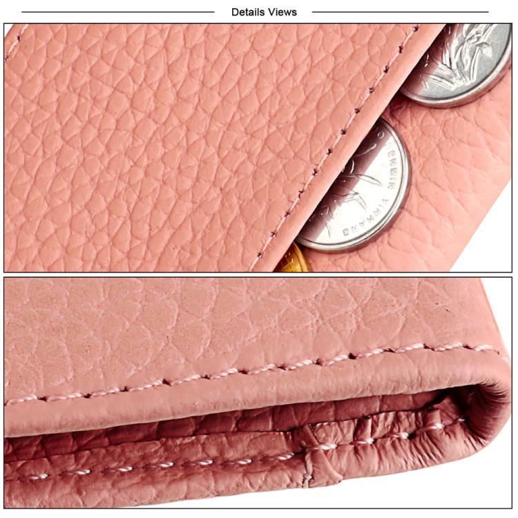Pink leather coin purse seam and snap button details