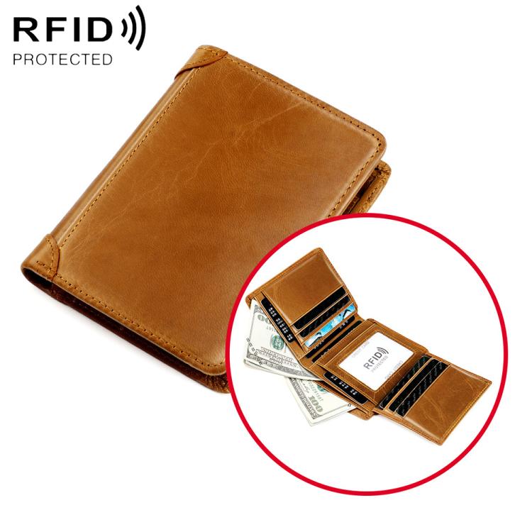 Men’s RFID cowhide leather wallet, brown, with front flap closed and card slots shown
