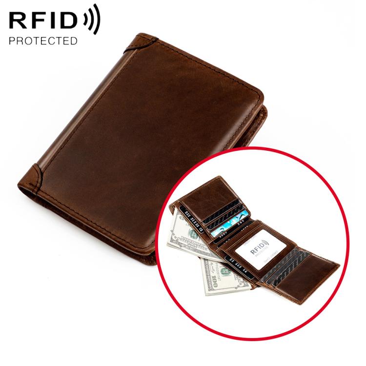 Men’s RFID cowhide leather wallet, dark brown, front flap closed with card slot detail