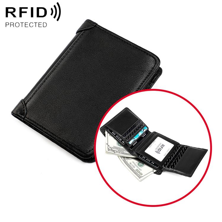 Men’s RFID cowhide leather wallet, black, front flap closed with card slot view