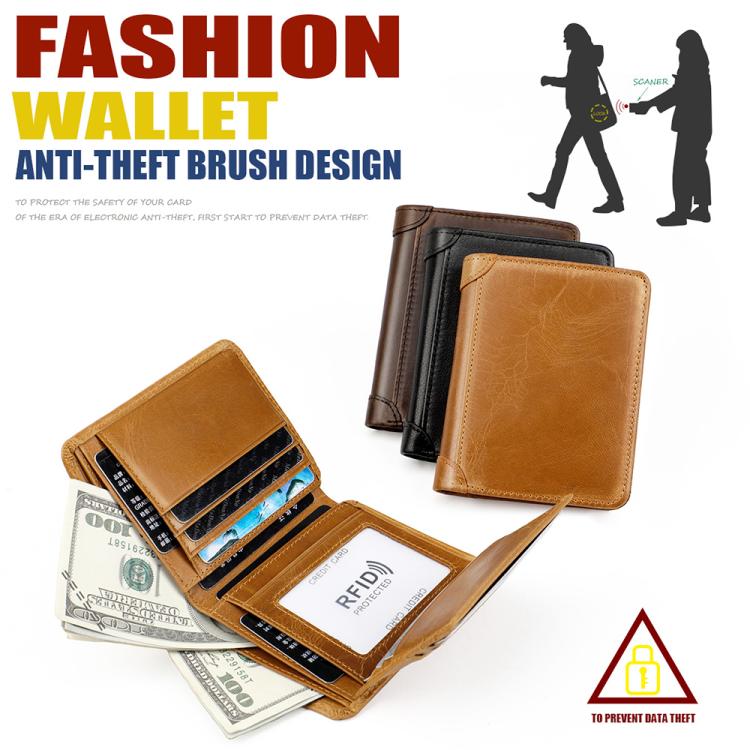 Men’s RFID cowhide leather wallet, tan, open view showing card slots and ID window