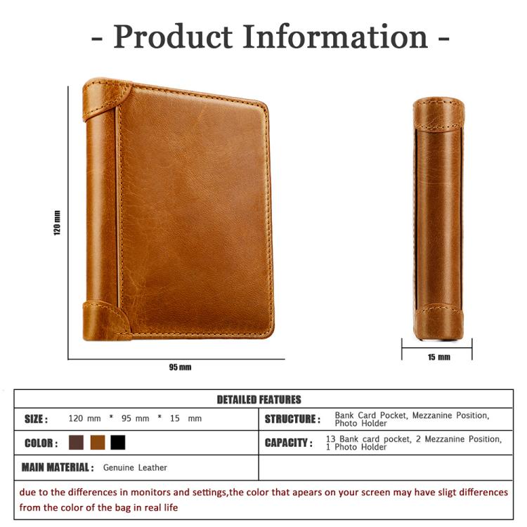 Men’s RFID cowhide leather wallet, tan, front view with stitched fold and top flap
