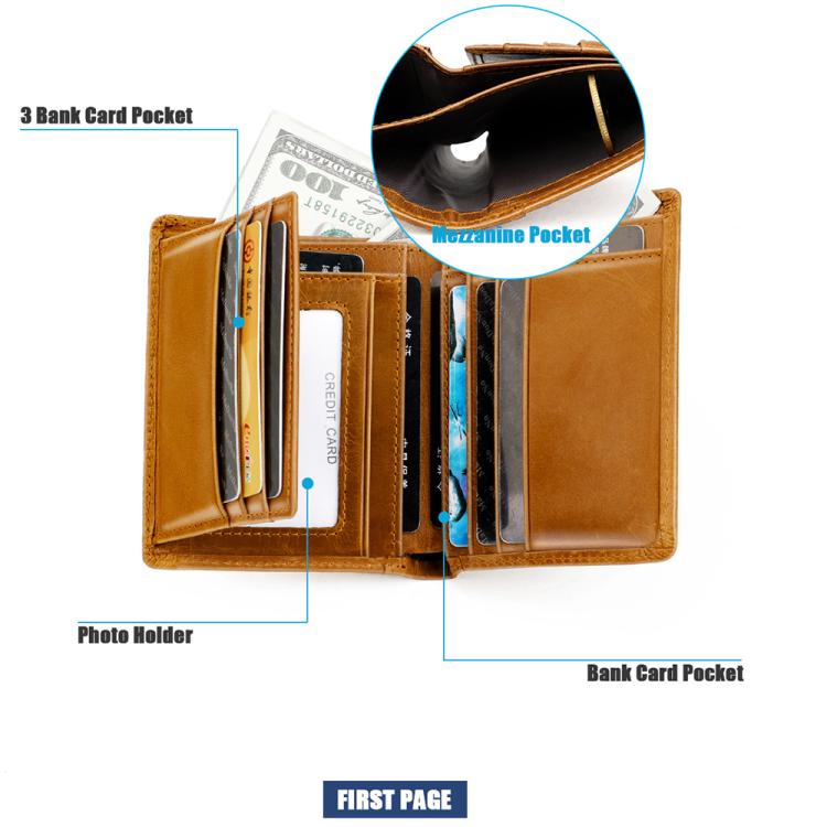 Men’s RFID cowhide leather wallet, tan, open interior with multiple card pockets