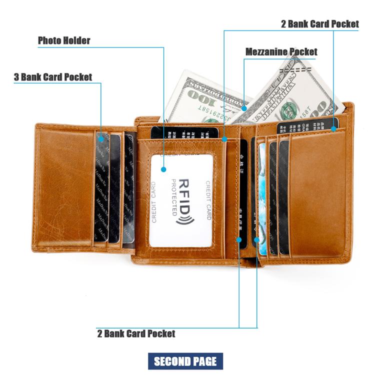 Men’s RFID cowhide leather wallet, tan, open layout with card pockets and ID window