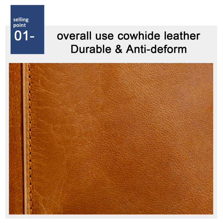 Cowhide leather wallet, brown, close-up of smooth texture and edge stitching