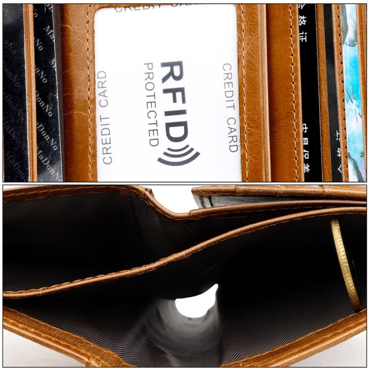 Brown leather RFID wallet, top-grain cowhide, open view with card slots and logo