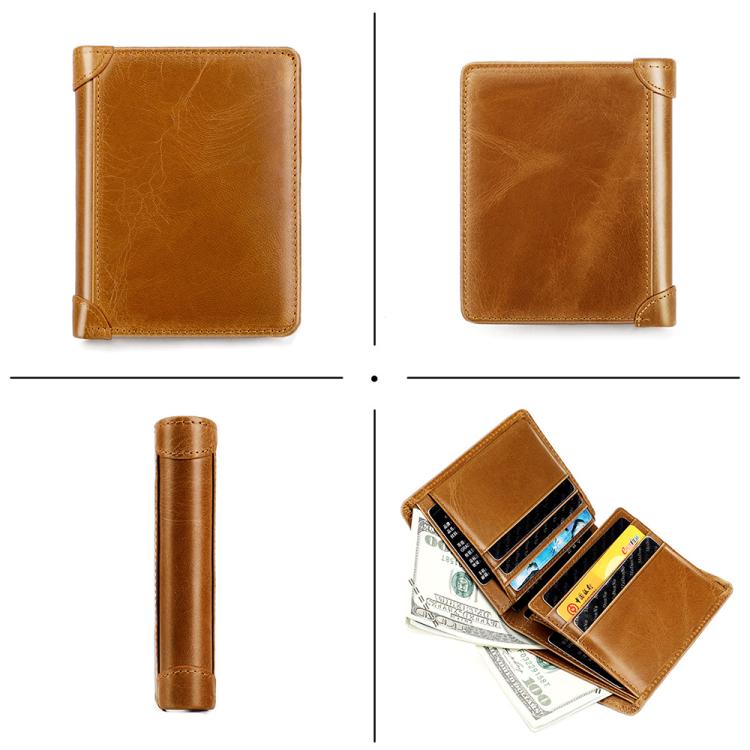 Brown leather RFID wallet set of views: front, back, side, and card capacity