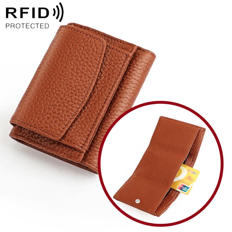 Caramel genuine leather short wallet with fold-over flap and card slots, RFID protected