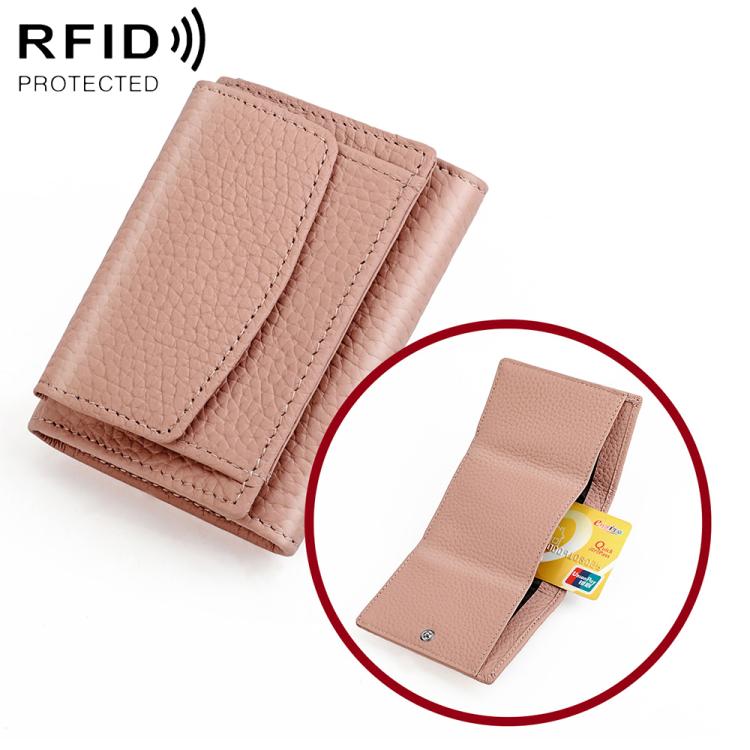 Beige/pale pink genuine leather short wallet with fold-over flap and card slots, RFID protected