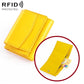 Yellow genuine leather short wallet with fold-over flap and card slots, RFID protected