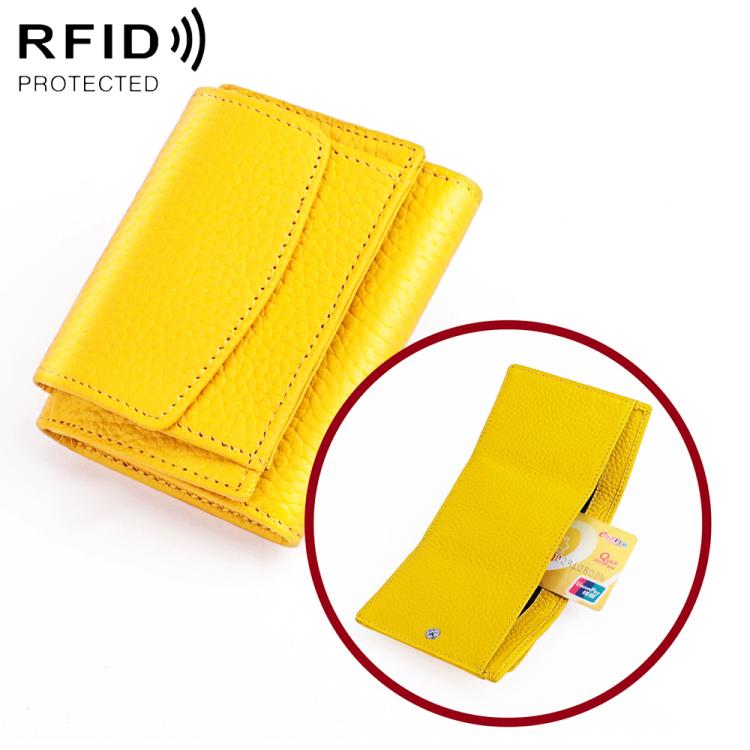 Yellow genuine leather short wallet with fold-over flap and card slots, RFID protected