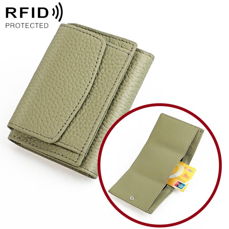Matcha green genuine leather short wallet with fold-over flap and card slots, RFID protected