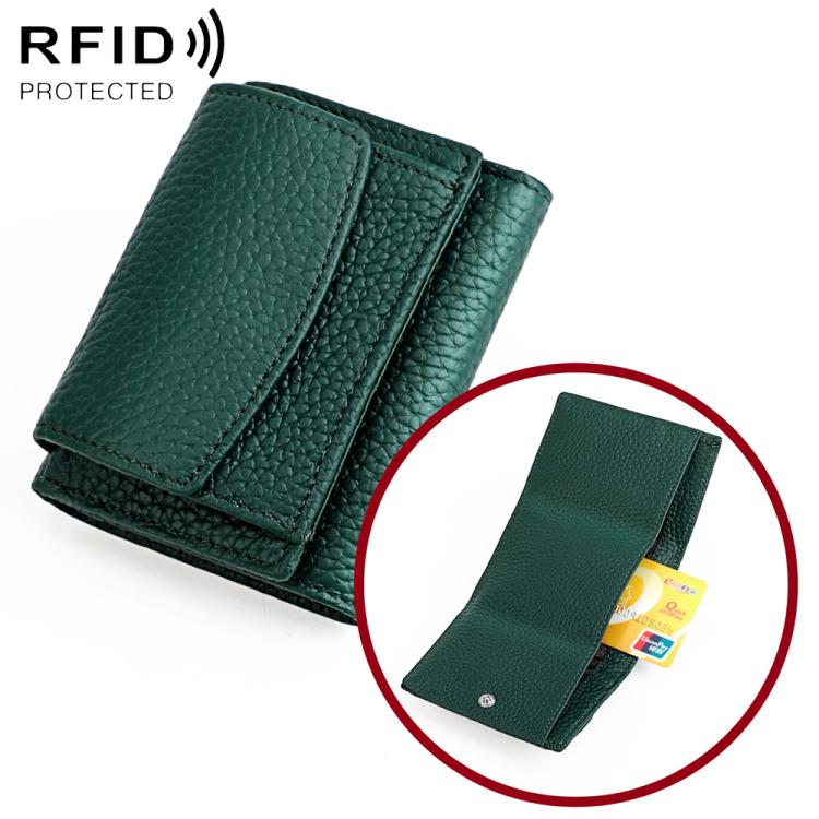Dark green genuine leather short wallet with fold-over flap and card slots, RFID protected