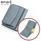 Light blue genuine leather short wallet with fold-over flap and card slots, RFID protected