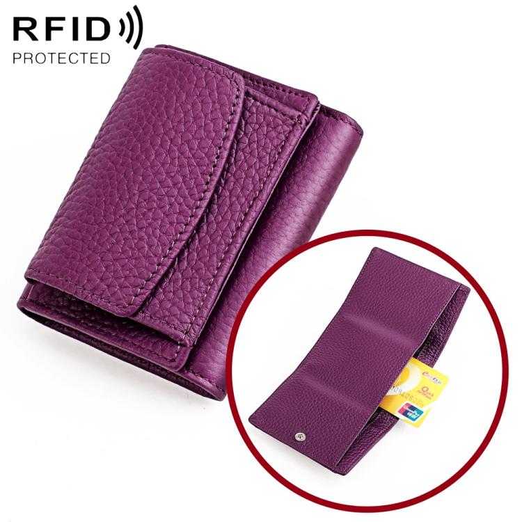 Purple genuine leather short wallet with fold-over flap and card slots, RFID protected
