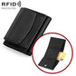Black genuine leather short wallet with fold-over flap and card slots, RFID protected