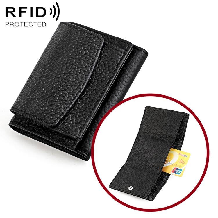 Black genuine leather short wallet with fold-over flap and card slots, RFID protected
