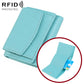 Light blue short genuine leather RFID wallet with snap flap and card slots