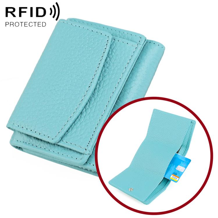 Light blue short genuine leather RFID wallet with snap flap and card slots