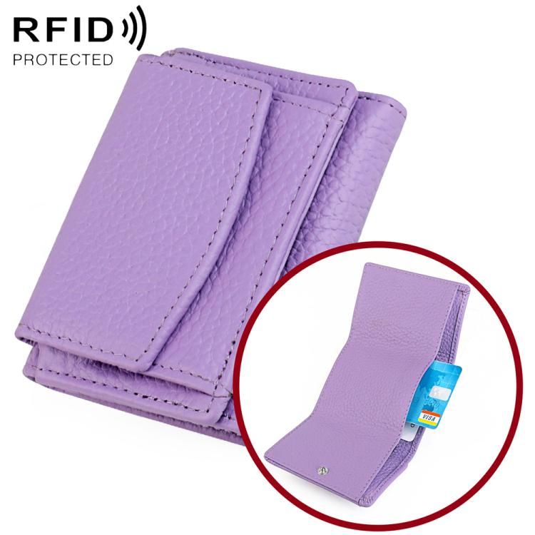 Lavender purple short genuine leather RFID wallet with snap flap and card slots