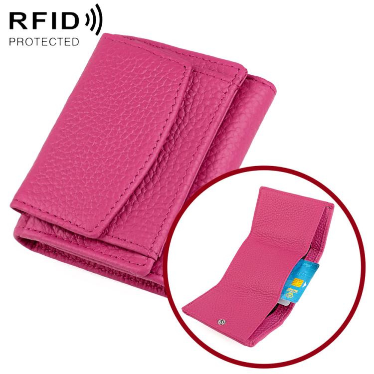 Hot pink short genuine leather RFID wallet with snap flap and card slots